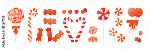 Set of red and white Christmas candies. Template for xmas or New Year greeting banner. Holiday sweets vector illustration. Candy cane, lollipop and peppermint caramel clip art collection.
