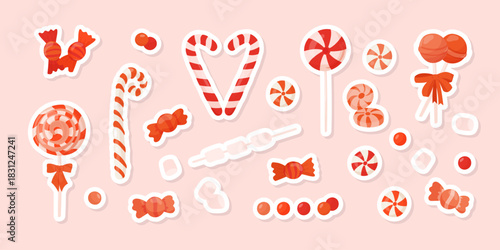 Red and white Christmas candies sticker set. Xmas or New Year greeting elements. Holiday sweets vector illustration. Candy cane, lollipop and peppermint caramel clip art collection.