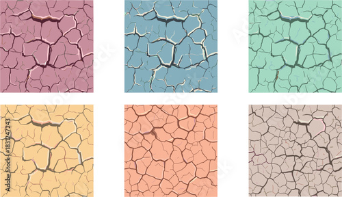 Six square images showing cracked earth in different color variations
