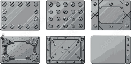 Illustration of six metal plates with screws and bolts in gray scale