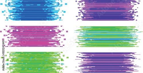 Six colorful abstract pixelated horizontal lines on a white background