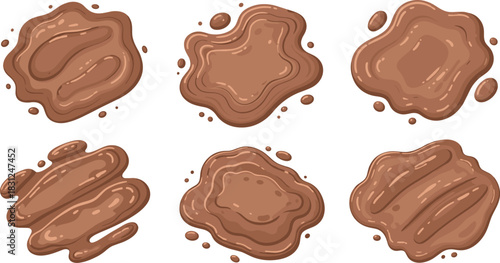Illustration of six cartoon chocolate splatters on a white background