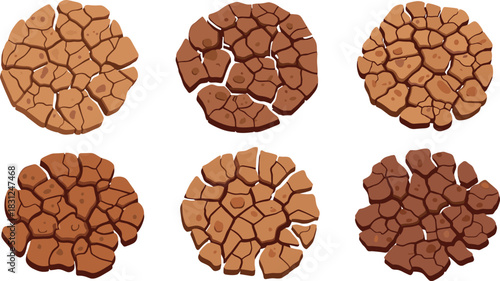 Six cracked earth patches arranged on a white background surface
