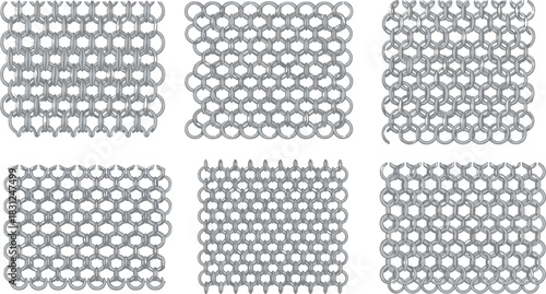 Illustration of six chainmail patterns on a white background surface