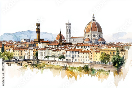 Watercolor illustration of florence skyline with duomo cathedral seen from river with scenic historic rooftops