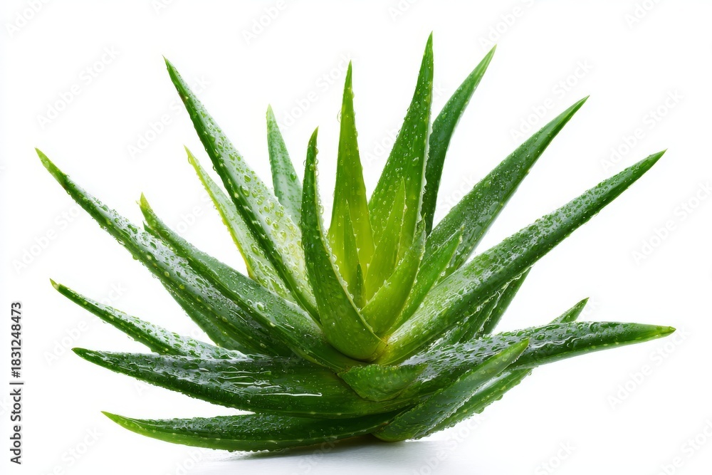Fototapeta premium Aloe Vera: A vibrant Aloe Vera plant showcases its fleshy, pointed leaves against a backdrop, representing natural health and wellness. 