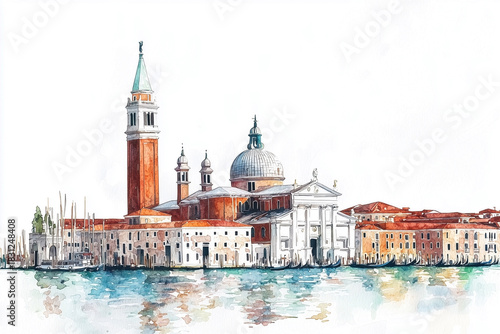 Watercolor illustration of venice canal with gondolas and dome buildings under pastel evening sky light