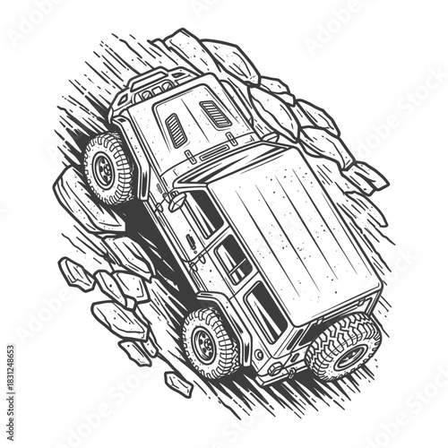 Hand Drawn Detailed Off Road Vehicle Climbing Rock Mountain Illustration