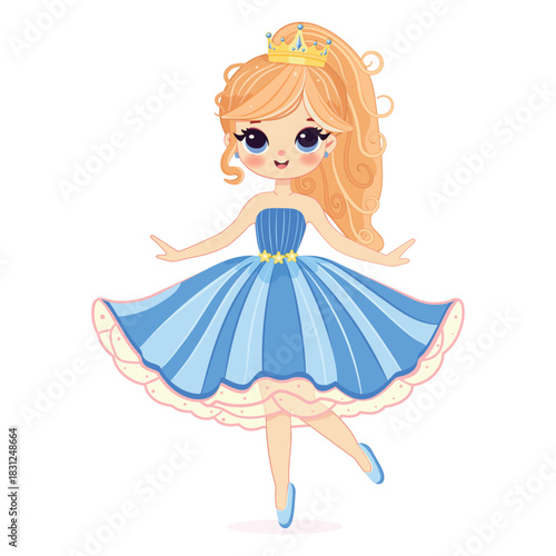Set of cute different nationalities little princess with beautiful eyes and golden crown. Poster, Banner, Flyer, Greeting Card. Vector illustration in flat drawn cartoon style