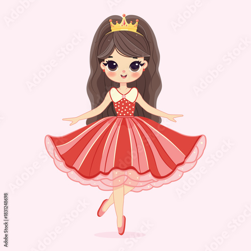 Cute little princess with beautiful eyes in red dress and golden crown. Isolate on color background, Vector illustration in flat drawn cartoon style