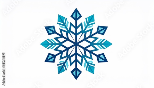 Abstract geometric snowflake design in shades of blue on white background, festive winter