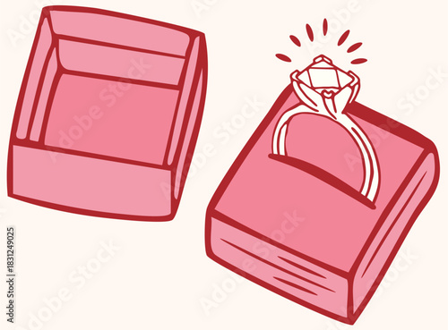 Hand drawn vector illustration of a sparkling diamond engagement ring nestled in an open pink velvet jewelry box. Perfect for concepts related to proposal, love, marriage, luxury, and special gifts.