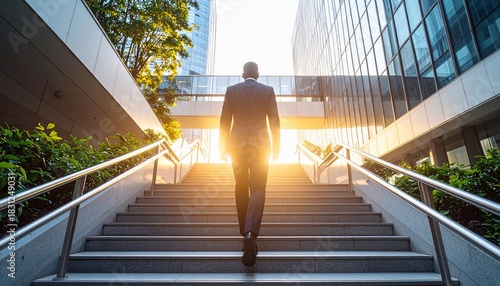 A person in a suit climbs stairs with bright sunlight in a modern urban environment