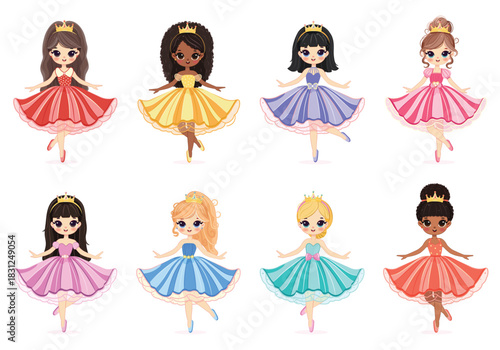 Set of cute different nationalities little princess on white background. Poster, Banner, Flyer, Greeting Card. Vector illustration in flat drawn cartoon style