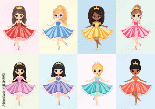 Set of cute different nationalities little princess with beautiful eyes and golden crown. Poster, Banner, Flyer, Greeting Card. Vector illustration in flat drawn cartoon style