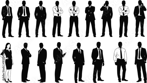 Business attire silhouette vector set, professional pose illustration, corporate people lineup artwork, black white workplace concept design
