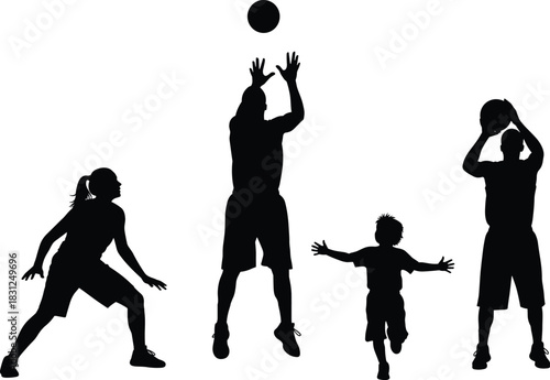 Basketball action silhouette vector set, dynamic player poses illustration, sports teamwork concept, black white athletic movement artwork