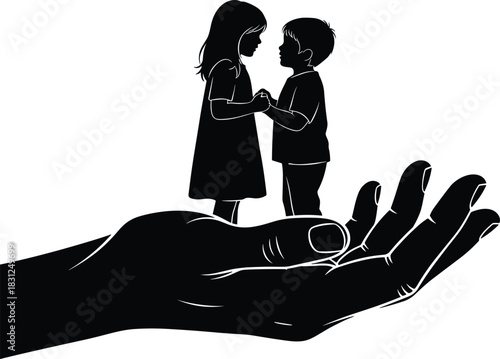 Children holding hands silhouette, protective hand vector, care and guardianship concept, nurturing illustration, black white symbolic artwork