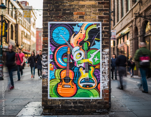 Urban art vibrancy Colorful poster of musical instruments on a weathered brick wall, street scene. Evokes creativity, passion, urban culture, music scene.
