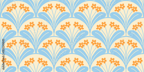 Retro floral scallop pattern with yellow flowers and blue arch shapes
