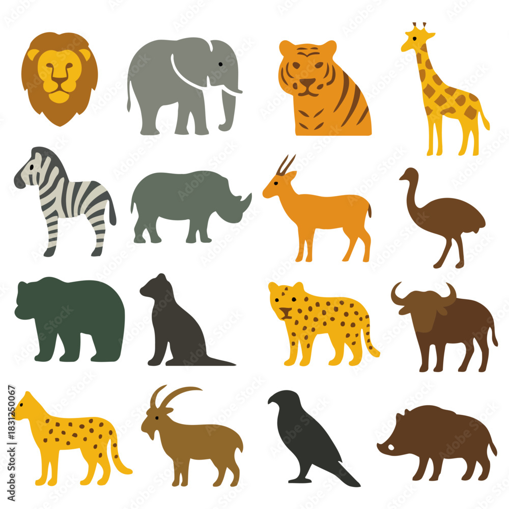 Naklejka premium Animal Kingdom Icons: A vibrant collection of stylized animal illustrations showcasing a diverse range of species, each capturing the essence of the wild in a playful design.