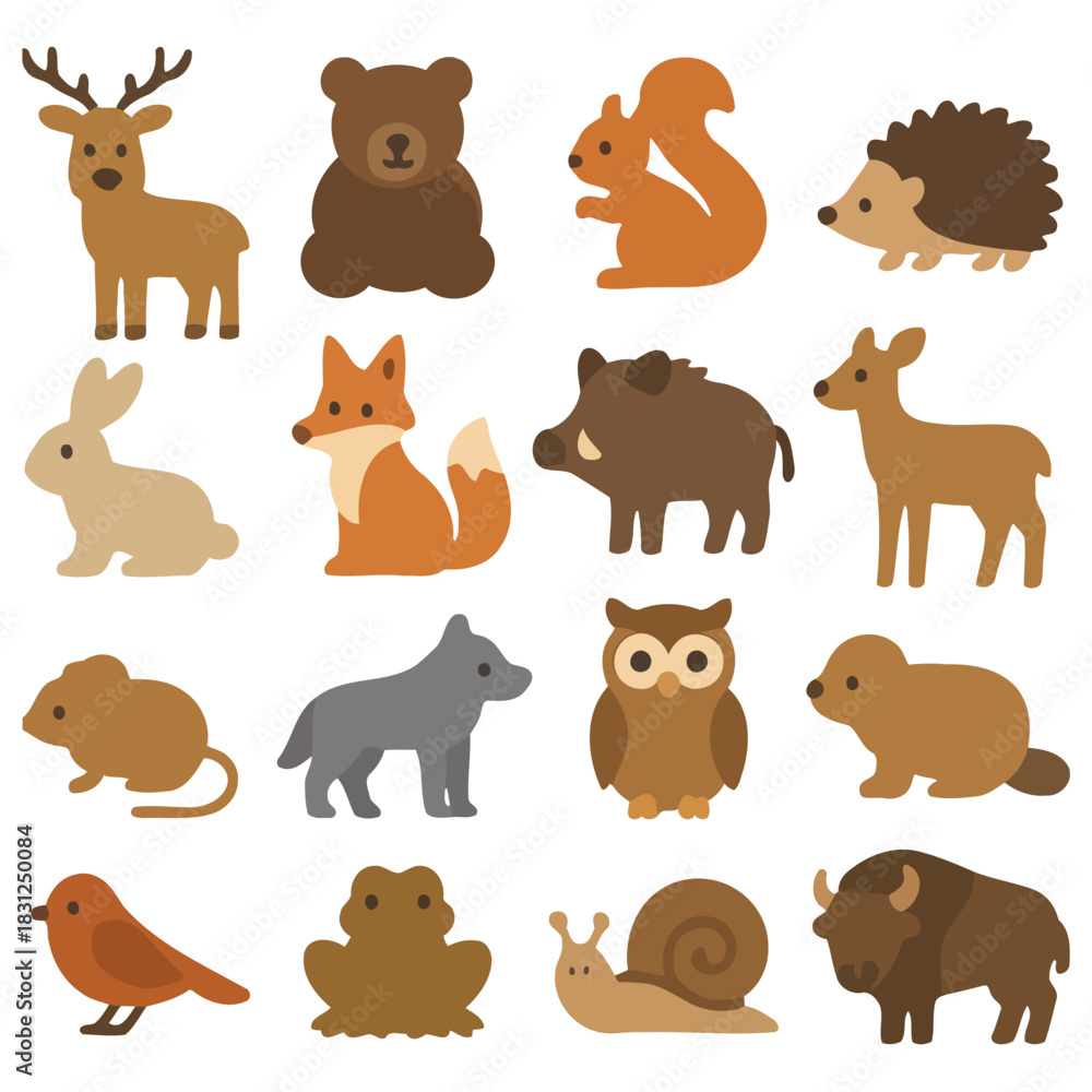 Fototapeta premium Cute Forest Creatures: A delightful gathering of stylized forest animals, each exuding charm and personality in a vibrant array of colors.