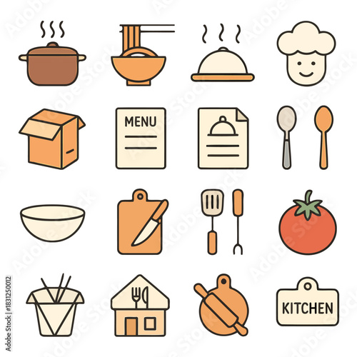 Culinary Essentials: A collection of simple, yet elegant icons representing a variety of key elements in the world of gastronomy. Each icon, from pots and pans to fresh produce.