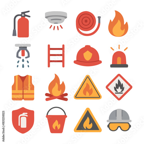 Fire Safety Icons: A comprehensive set of icons representing essential fire safety equipment, symbols, and elements, perfect for illustrating preparedness and prevention. 