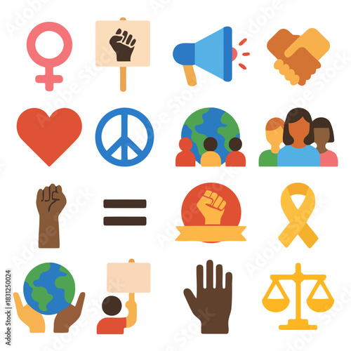 Social Activism Icon Set: A vibrant collection of social and political icons, symbolizing unity, equality, and peace. Featuring symbols of activism, community, and global awareness.