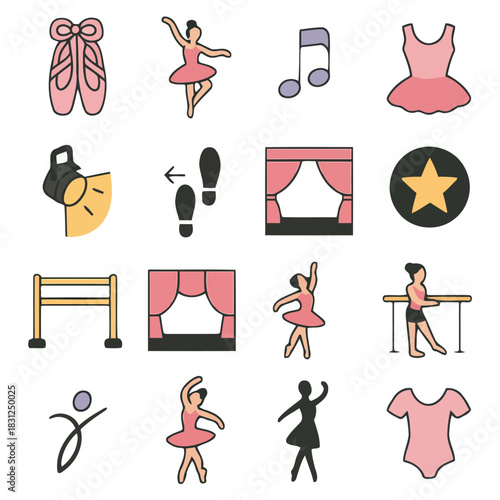 Ballet Icons: A visual collection of ballet-related icons, each illustrating elements of dance, performance, and attire.