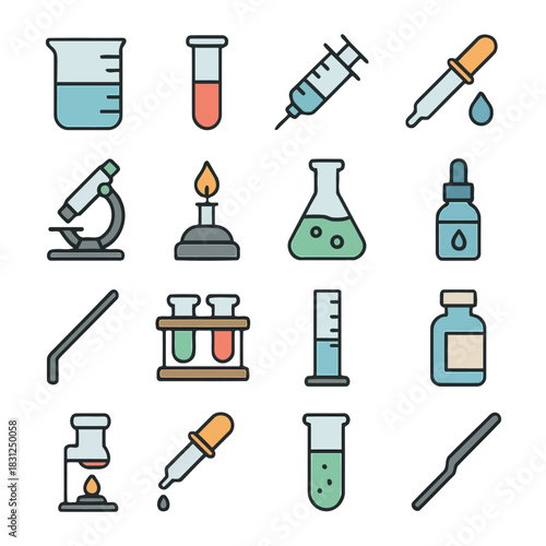 Essential Science Icons: A curated collection of vibrant science-themed icons, symbolizing the tools and elements essential for research, study, and discovery.