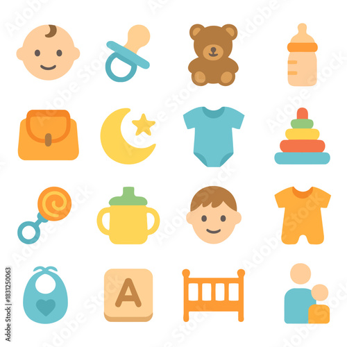 Childhood Treasures: A colorful assortment of essential items that encapsulates the simple joys and needs of infancy, each item is a reminder of care and nurturing.