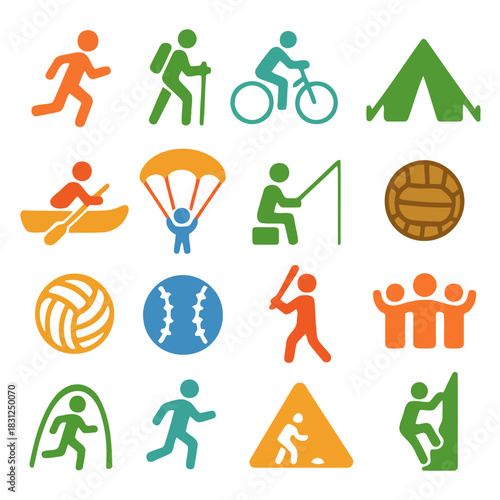 Sports and Recreation Icons: A vibrant collection of stylized icons, representing various sports and recreational activities. Featuring engaging visuals