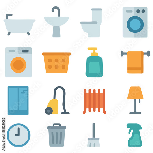 Bathroom Essentials Icons: A collection of simple, flat-style icons that capture the essence of bathroom utilities, perfect for design assets. 