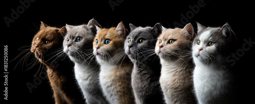 group of 6 different colored british shorthair cats, side profile