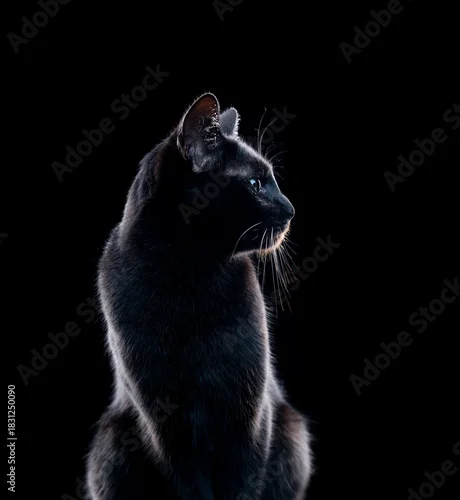 Fototapeta na wymiar Side profile of black cat on black background