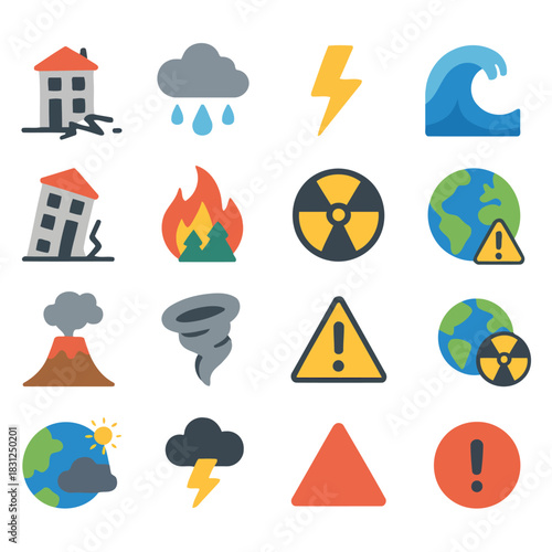 Disaster Icons: A collection of illustrative icons depicting various natural and man-made disasters, highlighting the forces that can shape and challenge our world.