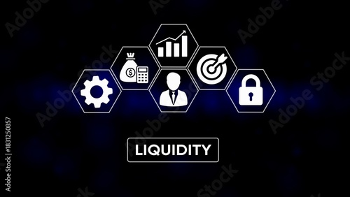 White icons of a gear money bag calculator business chart target and lock arranged in hexagons above the word liquidity on a dark blue background