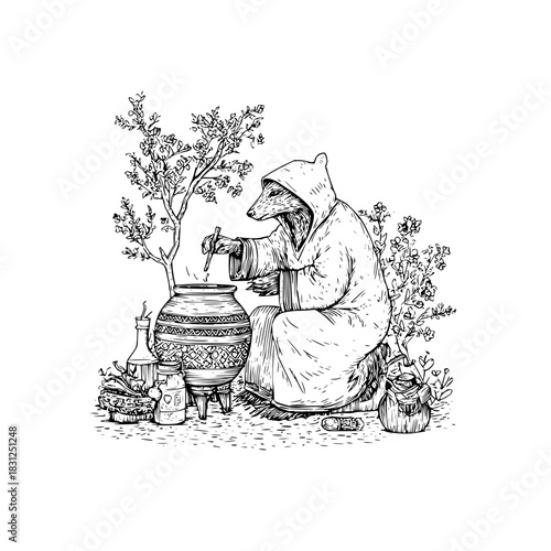 Witness the mystical ritual of the monk rat tending to his enchanted plant in this captivating artwork