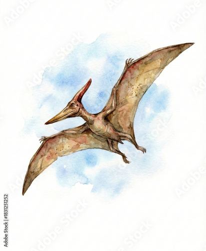 Pteranodon Flying Reptile Watercolor Illustration, Large Pterosaur with Head Crest in Flight, for Interior Decoration and Sky Theme Prints