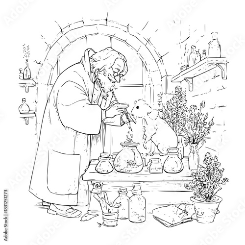 Unleash your inner alchemist with this bewitching illustration of a plague doctor brewing magic potions