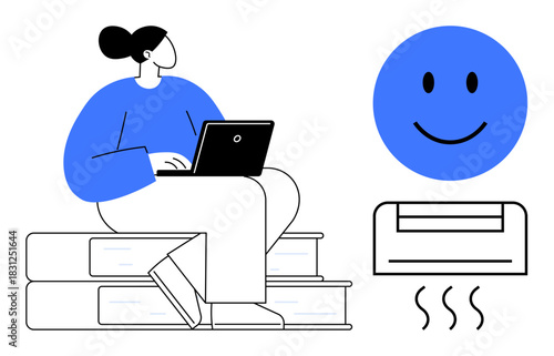 Remote work concept. Woman working remotely on a laptop sitting on stacked books with a happy face and air conditioning symbol. Remote work comfort, productivity, modern work-life balance, technology