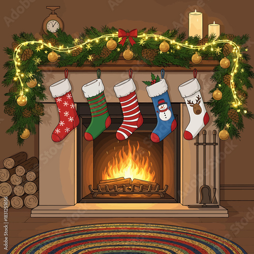 A warm and festive Christmas fireplace scene with five stockings, garland, and burning logs.