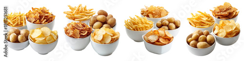 Variety of Potato Delights: Crispy Fries, Crunchy Chips, and Golden Potatoes in White Bowls - Perfect for Snacking, Sharing, and Food Presentations