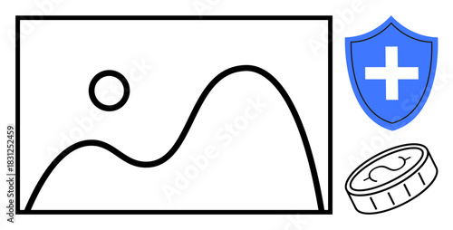 Graph representing growth, coin symbolizing financial investment, and shield with medical cross denoting health insurance. Ideal for finance, security, health, growth, investment, planning safety