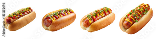 Enjoy Delicious Hot Dogs with Mustard, Ketchup, and Relish Toppings, Perfect for Summer Picnics, Backyard BBQs, or Quick Bites at Sporting Events