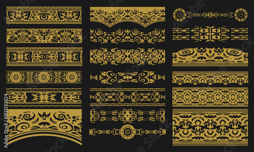 Nineteen gold decorative elements for creating vintage frames, text dividers and more. Vector set