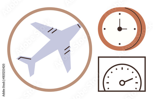 Airplane inside a circle, wall clock, and speedometer illustrating travel, time management, efficiency, and transportation. Ideal for aviation, travel, punctuality technology logistics progress