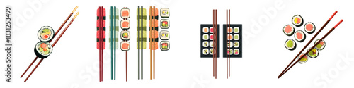 Enjoy delicious sushi rolls and chopsticks, a taste of Japanese cuisine for culinary enthusiasts, perfect for restaurant menus and food blogs, originally created as a vector graphic