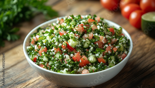 Tabouleh Salad in bowl on wooden table